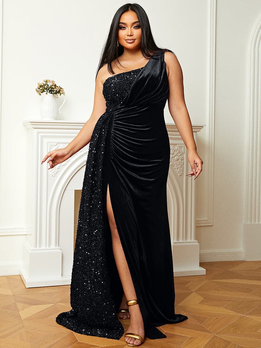 Plus Size Formal One Shoulder Split Thigh Prom Dress PXH2356 | macppl