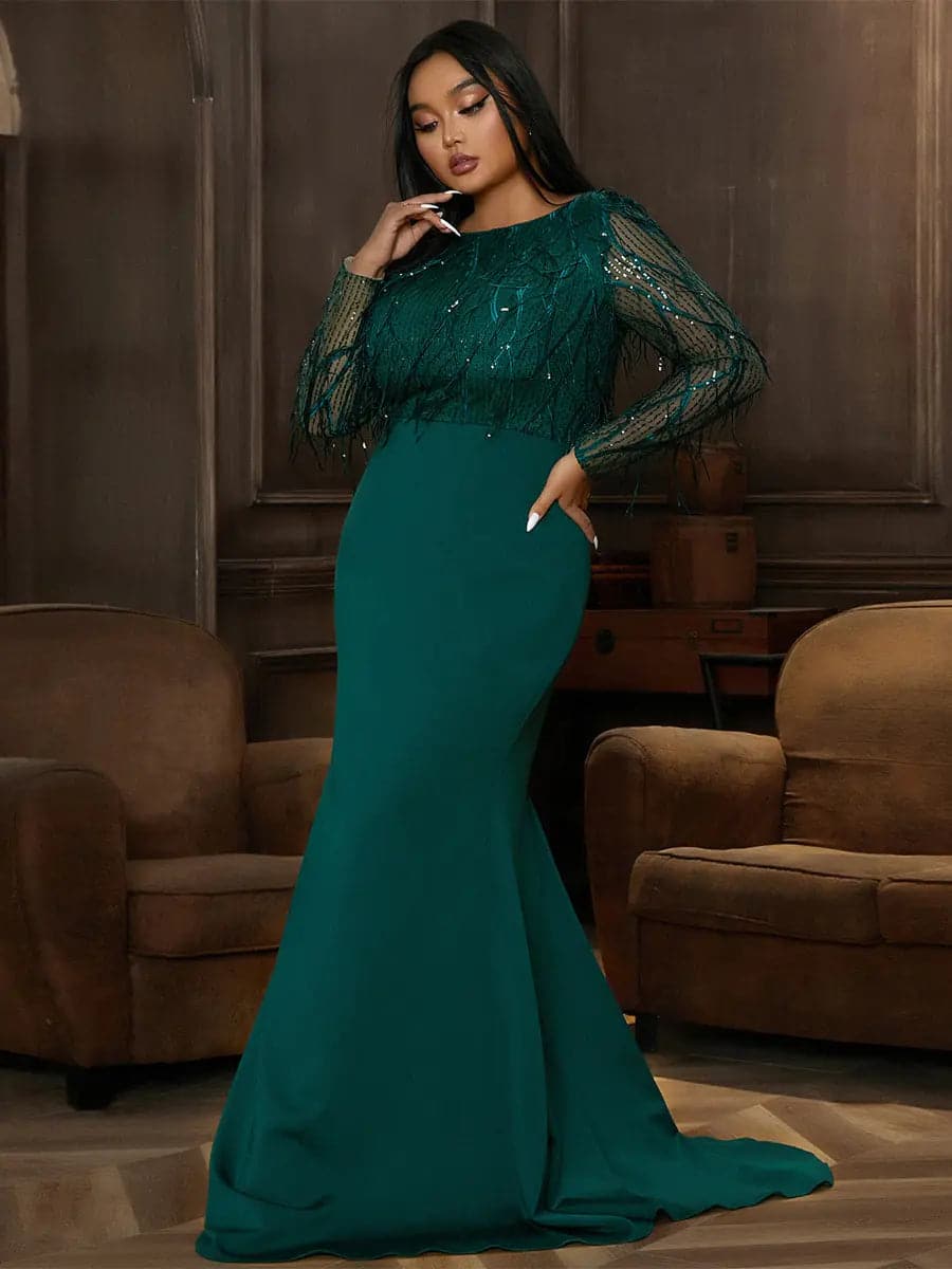 Long Sleeve Fringed Sequin Green Evening Dress | macppl