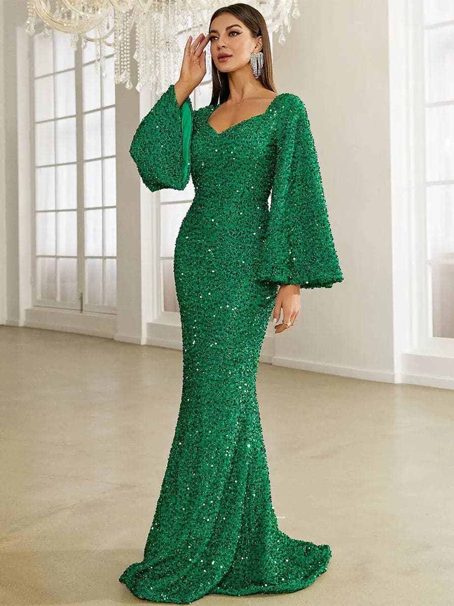 Glitter Bell Sleeve Mermaid Sequin Prom Dress | macppl